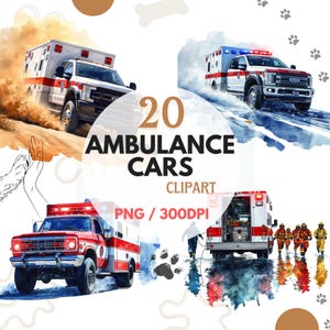 Ambulance Clipart Bundle, Emergency Vehicles PNG, Watercolor Ambulance Car, Paramedic Clip Art, EMT Graphics, Health Care Art Sublimation