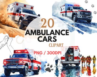 Ambulance Clipart Bundle, Emergency Vehicles PNG, Watercolor Ambulance Car, Paramedic Clip Art, EMT Graphics, Health Care Art Sublimation
