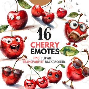 Könnte beinhalten: Ein Set mit 16 digitalen Clipart-Bildern von Kirschen mit verschiedenen Gesichtsausdrücken. Die Kirschen sind rot und haben grüne Stiele und Blätter. Der Text "16 CHERRY EMOTES PNG CLIPART TRANSPARENT BACKGROUND" ist in Weiß auf rotem Hintergrund geschrieben.