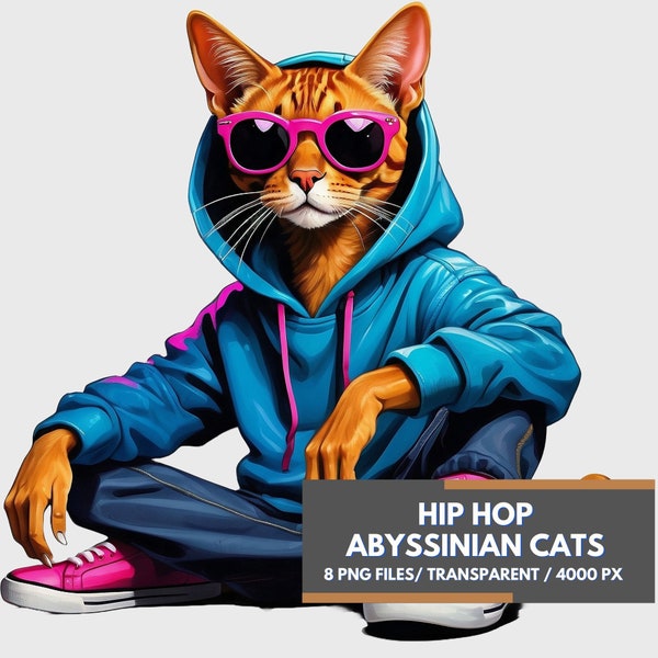 Abyssinian Cat Hip Hop Clipart, 8 Transparent PNG, Fresh Feline Flair for Digital Creatives, Card Making, Animal PNG, Modern Design