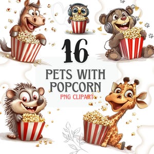 Cute Animals with Popcorn Clipart | 16 Funny Pet PNG Images | Cartoon Pets with Snacks | Movie Night Animal Clip Art for Kids