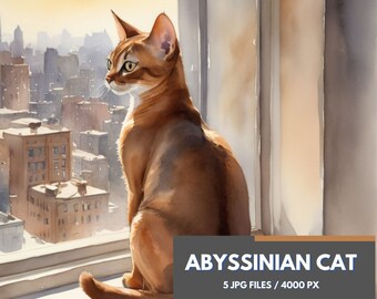 Watercolor Abyssinian Cat Clipart, Set of 5 Realistic Cat Artworks, Lovely Watercolor Image, Wall Art, Printable Image, Watercolor Painting