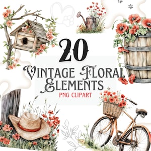 20 Vintage Blumen PNG Clipart Set mit rustikalen Elementen wie Fahrrad, Fass, Gießkanne, Vogelhaus und wilde Mohnblumen, Garten Clipart