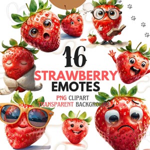 May include: 16 digital illustrations of strawberries with different facial expressions. The strawberries are red with green leaves and have cartoon-like faces. The illustrations are on a white background.