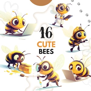Cute Bee Clipart, 16 Adorable Cartoon Bee PNG, Digital Download Bumblebee, Kawaii Bee Stickers, Honey Bee Art, Bee Worker, Cute Bee Graphics