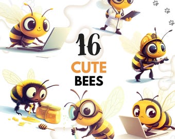 Imágenes prediseñadas de abejas adorables, 16 adorables abejas de dibujos animados PNG, abejorro de descarga digital, pegatinas de abejas kawaii, arte de abejas, abejas trabajadoras, gráficos de abejas adorables