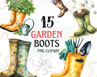 Garden Boots Clipart Bundle, Spring PNG Designs, Gardening Clipart, Floral Illustrations, Hello Spring Graphics, Watercolor Flower PNG