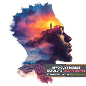 Afro Guys dubbelexponering havstema PNG-paket | Akvarell fyrvågor porträttöverlägg | Konstnärligt havsmotiv digitalt konstpaket