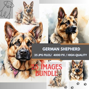25 Duitse herder clipart set, aquarel Elzasser hond, hond illustratie, hondenras graphics sublimatie, kunst aan de muur en decor honden