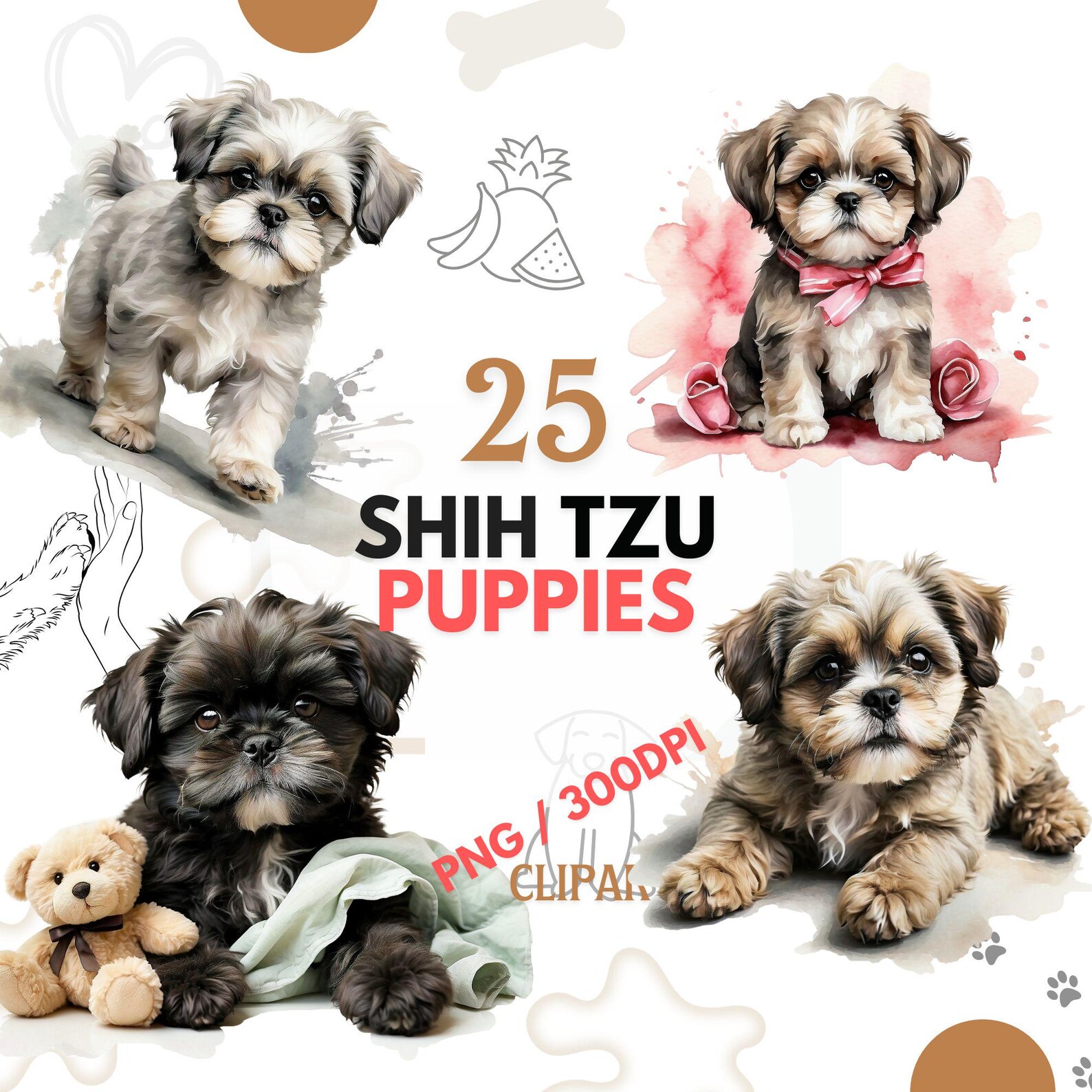 Cute Shih Tzu Puppies Watercolor Clipart Set, Silver Black and Liver ...