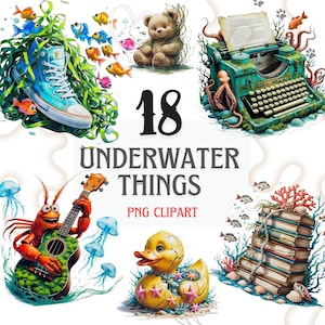 18 Underwater Objects PNG Clipart Bundle with Sea Creatures, Vintage Items, Ocean Elements for Sublimation, Creative Ocean Design