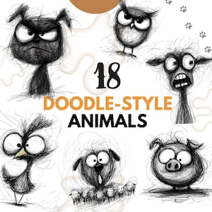 Funny Doodle Style Animal Illustrations, Doodle  Dog Rabbit Cat Owl Duck Cow Chicken Pig Sheep Gecko Hand Drawn Sketch Animal Clipart Pack