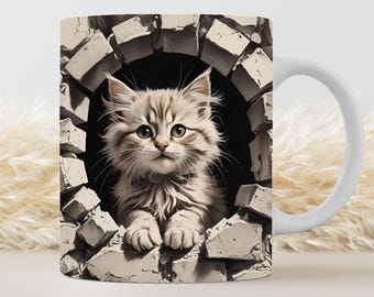 3D Kitten Hole In A Wall Mug Wrap, Cat Mug Wrap Sublimation Design PNG, 15oz and 11oz Coffee Cup Template, Sketch 3D Cat Mug Wrap