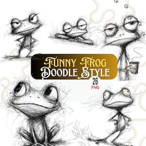 Puede incluir: Una colección de seis ilustraciones de ranas caprichosas en estilo doodle. Los dibujos en blanco y negro muestran ranas en varias poses, con el texto "Funny Frog Doodle Style 26 PNG" en una pancarta dorada y negra.
