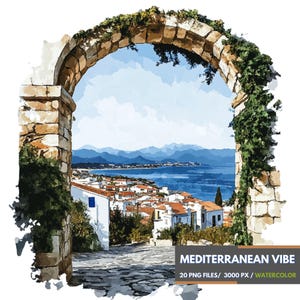 Lot de cliparts aquarelle méditerranéen avec vue sur un village en bord de mer, arcades côtières, scènes d'horizon océanique et esthétique de voyage pittoresque