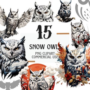 Clipart hibou des neiges mystique, 15 PNG transparents, art numérique hiver enchanté, illustrations harfang des neiges, fabrication de cartes, créations numériques en papier