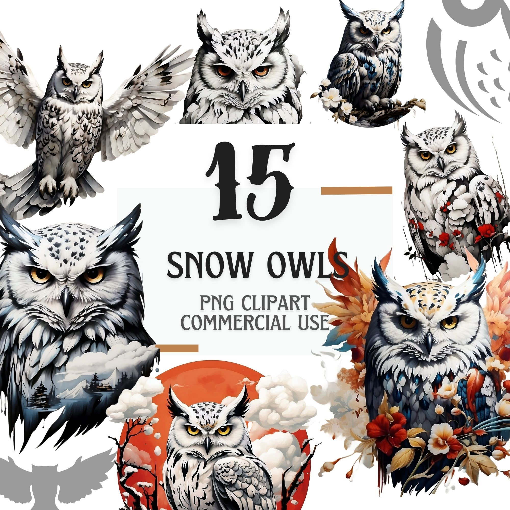 Mystical Snow Owl Clipart, 15 Transparent PNGs, Enchanted Winter Digital Art, Snowy Owl Illustration