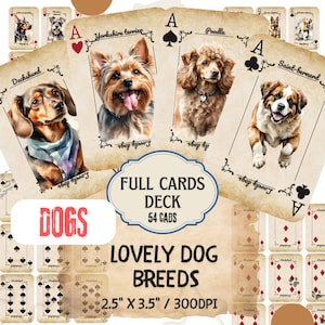 May include: A deck of playing cards featuring various dog breeds. The cards display illustrations of a Dachshund, Yorkshire Terrier, Poodle, and Saint Bernard. The deck is labeled "Lovely Dog Breeds" and measures 2.5" x 3.5".
