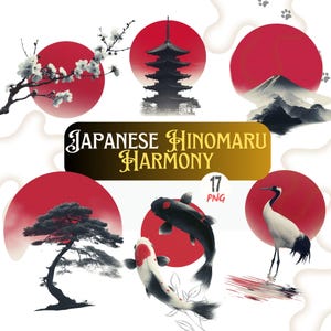 May include: Digital art featuring Japanese-themed illustrations. Includes a pagoda, cherry blossoms, a crane, koi fish, and a stylized mountain scene, all set against red suns. The text "JAPANESE HINOMARU HARMONY" is displayed.
