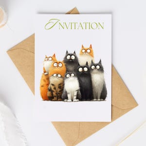 May include: A white invitation card featuring a group of cartoon cats in various colors, including orange, black, gray, and white. The word "INVITATION" is written in green script at the top. The card is set against a brown envelope.