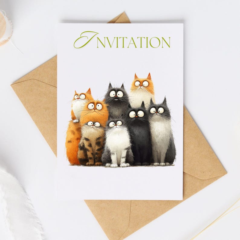 May include: A white invitation card featuring a group of cartoon cats in various colors, including orange, black, gray, and white. The word "INVITATION" is written in green script at the top. The card is set against a brown envelope.