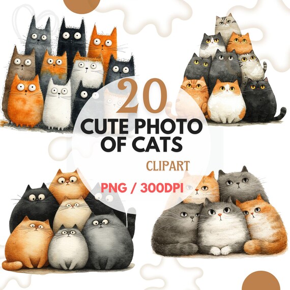 Photo of Cats Clipart Bundle, Watercolor Cat PNG Set, Cartoon Funny Frazzled Kitten, Adorable Kittens Digital Art, Cartoon Cat Sublimation