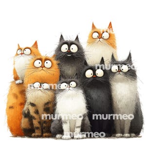 May include: A whimsical illustration of eight cartoon cats with large, expressive eyes. The cats feature various fur colors, including orange, black, gray, and tabby. The image has a playful and humorous style, perfect for cat lovers.