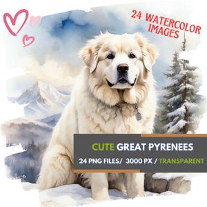Ensemble PNG d'art aquarelle des Grandes Pyrénées pour sublimation - 24 images transparentes de conception de chien, sublimation de grands chiens, illustration de race de chien