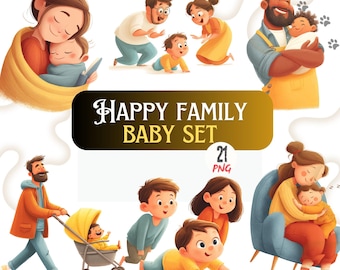 Happy Family Baby Clipart Set, Cute Parent Child Illustration Bundle, Cozy Mom Dad Kids PNG Pack, Newborn Family Art for Sublimation