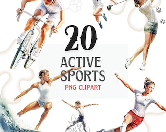 Pacchetto PNG di clipart di sport attivi, clipart di atleti, figure sportive ad acquerello, clipart di fitness, corsa, ciclismo, golf, surf, design di fitness