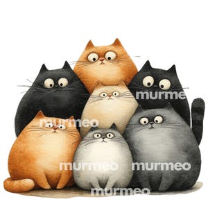 May include: A watercolor illustration of seven cartoon cats in various colors, including orange, black, gray, and cream. Each cat has large, expressive eyes and a round body. The word "murmeo" is written on the image.