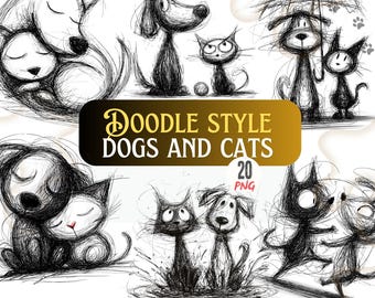 Puede incluir: Ilustraciones de perros y gatos estilo garabato en blanco y negro. La imagen presenta un estilo de boceto. El texto "DOODLE STYLE DOGS AND CATS 20 PNG" se muestra en una pancarta dorada y negra.