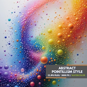 May include: Abstract pointillism style artwork featuring a swirling rainbow of colorful dots and circles. The artwork is created using a watercolor technique and is available as a set of 12 digital images.