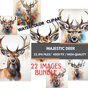 Majestic Deer Watercolor Clipart Set, Forest Animal PNG Bundle, Woodland Deer Illustration, Wildlife Art, Cute Fawn Digital Download