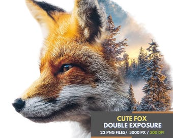 Pacchetto PNG con doppia esposizione di una simpatica volpe con arte di paesaggi forestali, clipart di animali selvatici per sublimazione, stampe, poster, decorazioni murali