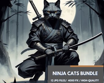 Cat Ninjas Clipart Set - 12 High-Quality JPG Images, Cat Embroidery, Animal Poster, T-shirt Sublimation, Black Cat, Cat Tumbler Wrap