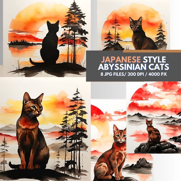 Aquarelle sumi-e d'Abyssinie, 8 fichiers JPG haute résolution, style japonais, illustration d'animal de compagnie, cadeau pour amoureux des animaux, décoration murale, tableau minimaliste