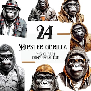 Trendy Hipster Gorilla Clipart, 24 Trendy Transparent PNG Files, Cool Monkey Illustrations, Stylish Gorilla Art T-shirt Design Sublimation