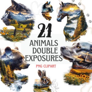 May include: A digital art graphic featuring 21 animal double exposures. The image includes a cat, a horse, a bear, a dog, and a rabbit, each with a landscape overlay. The text "21 ANIMALS DOUBLE EXPOSURES PNG CLIPART" is also present.