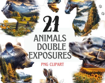 21 Double Exposure Animal Clipart PNG Bundle, Forest Wildlife Landscape Overlay Illustrations, Nature Animal Silhouettes Digital Download