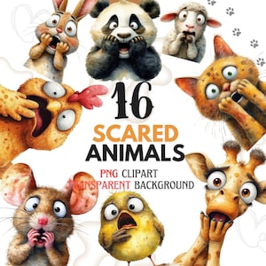 Scared Animals PNG Clipart Set, 16 Funny Animal Illustrations, Cute Cartoon Creatures, Scared Mouse Horse Shark Cat Panda Ship Sublimation