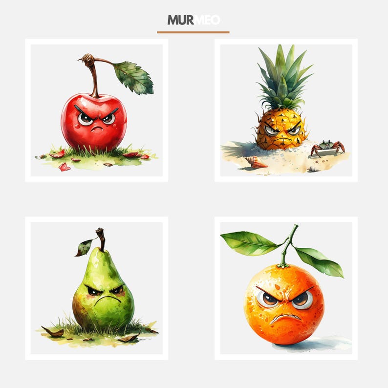 Angry Fruits Watercolor Clipart, 15 Transparent PNG Images, Evil Fruit ...