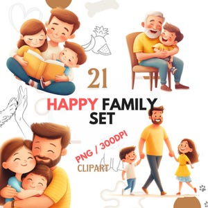 Glückliche Familie Clipart Bundle PNG 300 DPI, süße Cartoon Familie Clip Art für Kinder, Eltern und Kinder, Mama Papa Sohn Tochter, süßer Großvater