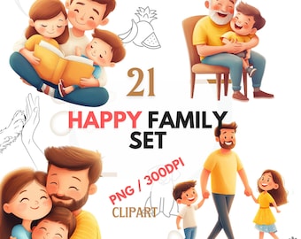 Happy Family Clipart Bundle PNG 300DPI, Cute Cartoon Family Clip Art for Kids, Parent and Children, Mom Dad Son Daughter, Cute Grandfather