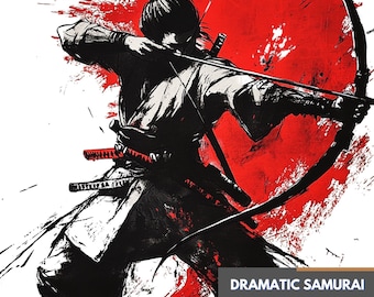 Paquete de imágenes prediseñadas de acuarela de samuráis dramáticos, guerrero japonés con arco, ilustración en tinta roja y negra, arte expresivo de Yoji Shinkawa