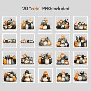 May include: A collection of 20 "cute" PNG images featuring watercolor illustrations of various cat breeds. The cats are depicted in groups, with a variety of colors and patterns, including orange, black, gray, and white. The images are set against a neutral gray background.