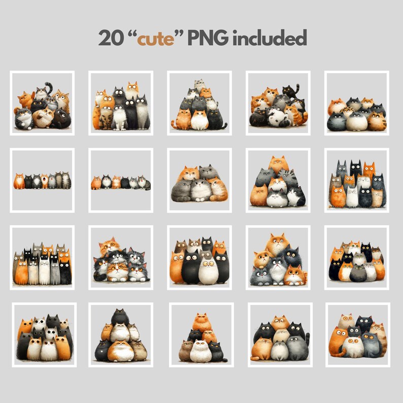 May include: A collection of 20 "cute" PNG images featuring watercolor illustrations of various cat breeds. The cats are depicted in groups, with a variety of colors and patterns, including orange, black, gray, and white. The images are set against a neutral gray background.