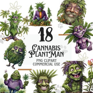 Op de afbeelding: Een set van 18 digitale illustraties van cartoon cannabis plant mensen. De illustraties zijn in verschillende poses en uitdrukkingen, en ze dragen allemaal groene kleding en hebben groen haar. De tekst "18 Cannabis Plant Man PNG Clipart Commercial Use" staat onderaan de afbeelding.