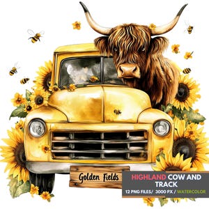 Highland Cow and Truck Watercolor Clipart, Sunflower Farmhouse PNG, Rustic Country Digital Download, Vintage Farm Sublimation Shirt Design