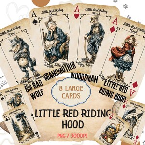 May include: A set of eight playing cards featuring illustrations from the Little Red Riding Hood fairy tale. The cards include images of the Big Bad Wolf, Grandmother, Woodsman, and Little Red Riding Hood. The text "Little Red Riding Hood" and "8 Large Cards" are also visible.